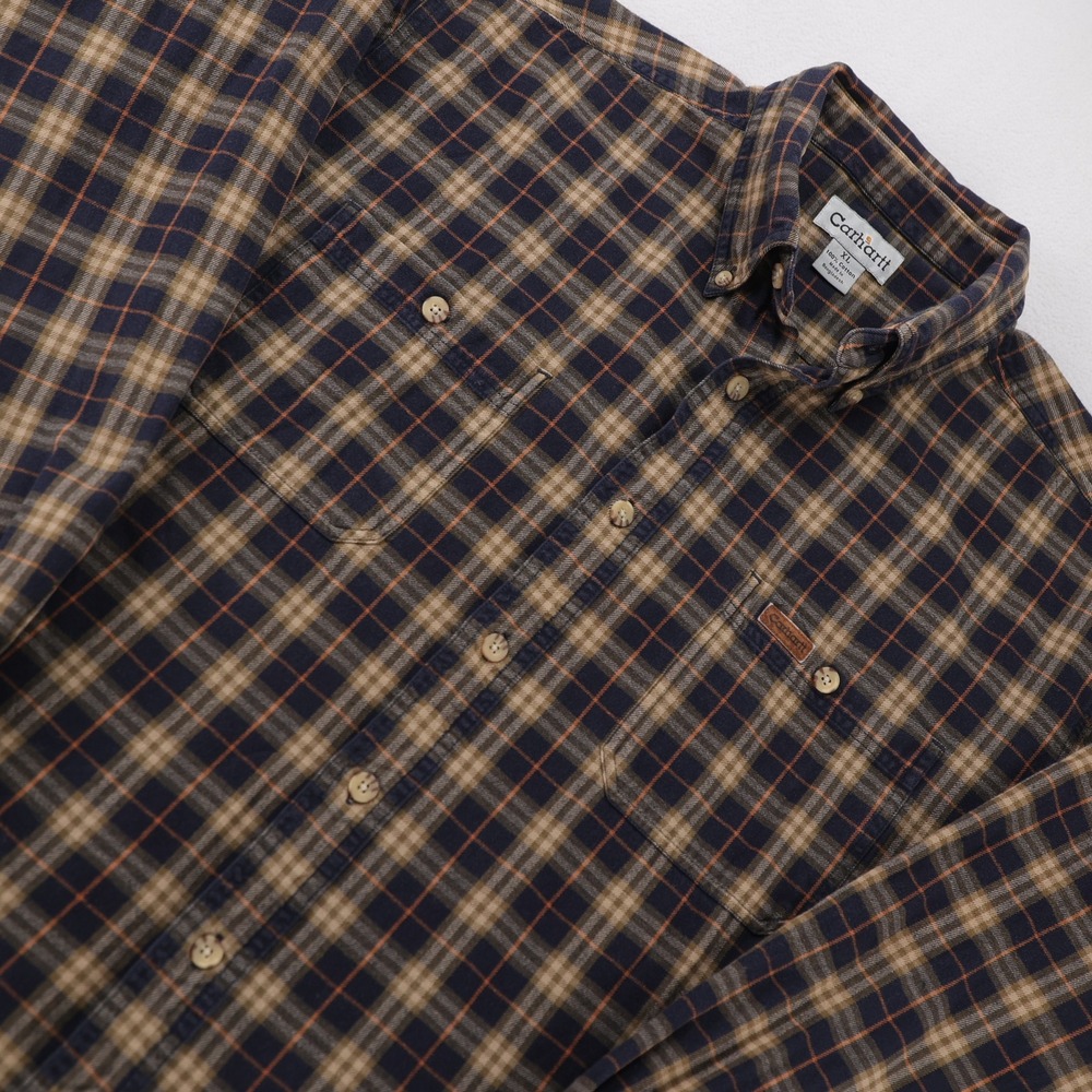 Carhartt Mens XL Plaid Button Down Shirt Navy Blue Tan Orange Long Sleeve Cotton